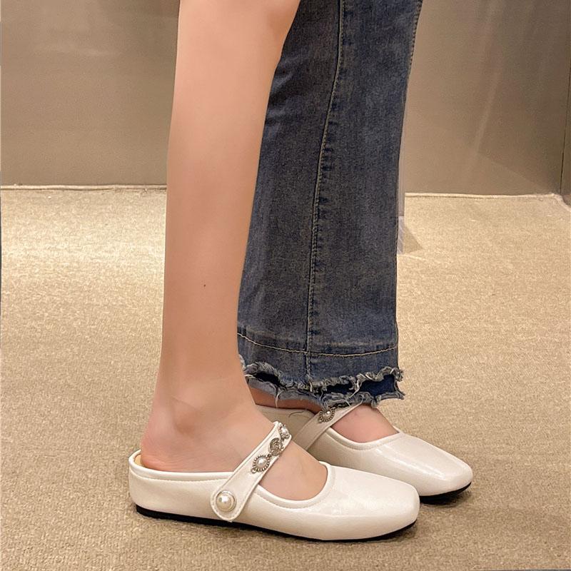 Fashion Inside Heightened Wrapped Head Semi-drag Fashion Square-toe Shallow-mouth Metal Buckle One-band Soft-sole Non-slip Flat Shoes