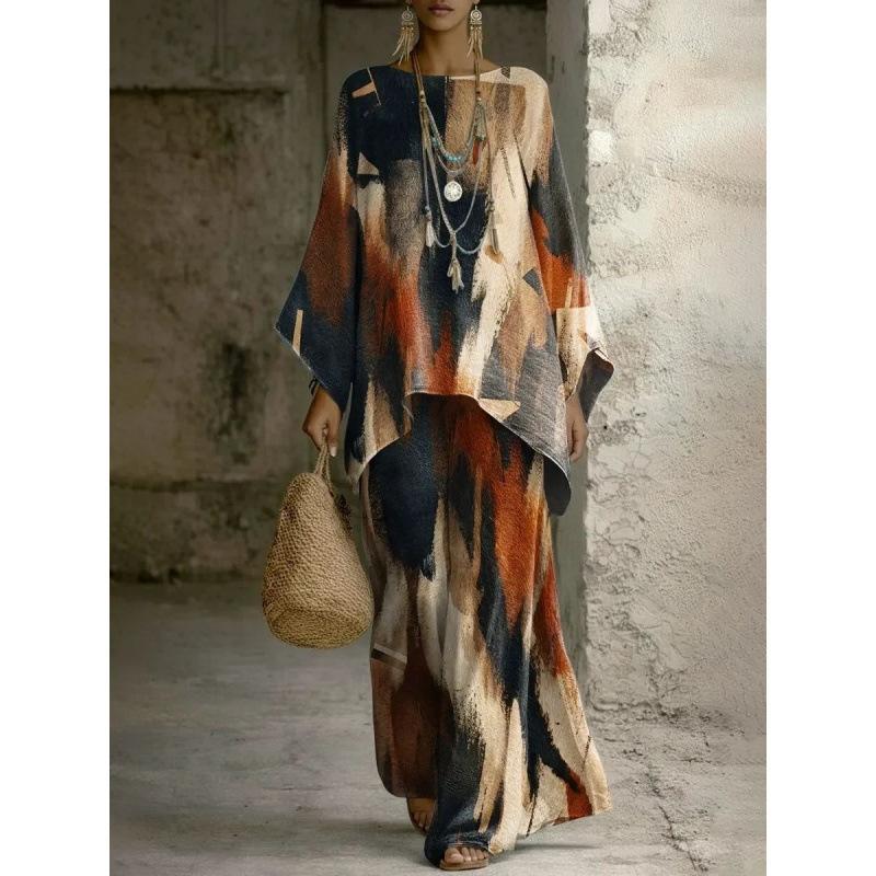 European and American retro bohemian suit exotic 1D printed loose top wide-leg pants temperament casual two-piece set