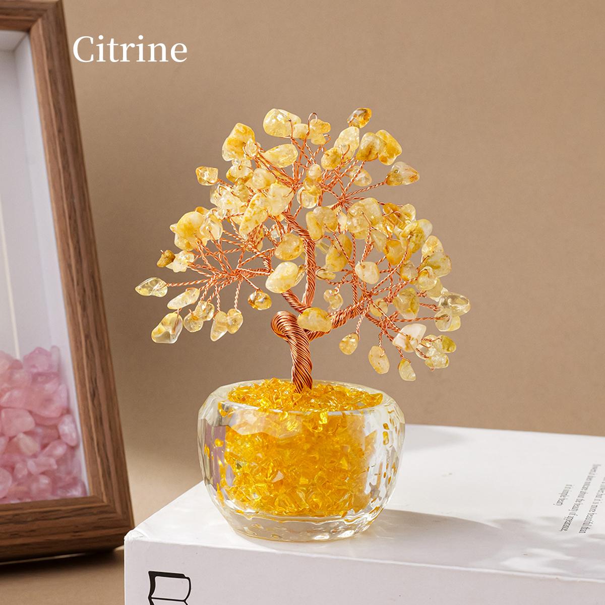 1pc Natural Crystal Money Tree Ornament Feng Shui Wealth Tree with Gemstone Abundance Bowl for Home Office Decoration (Citrine,1pc)