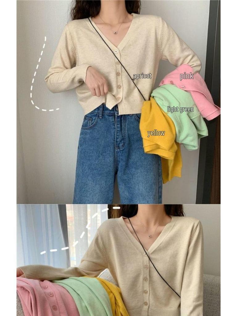 Korean Style V-Neck Knit Cardigan with Sleeves - Women's Versatile Short Sweater Coat for Spring & Autumn