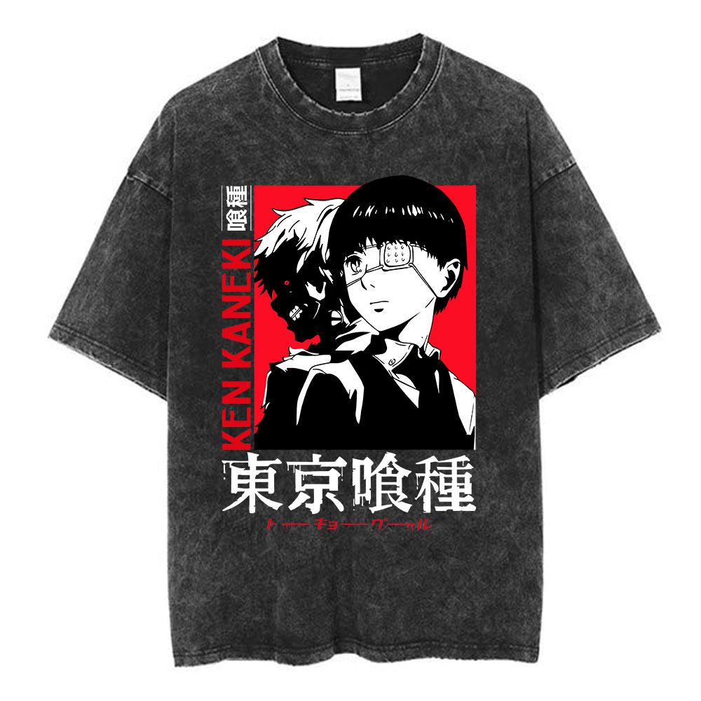 Vintage Washed Anime Tokyo Ghoul Spider Lily T Shirt Manga Cool Ken Kaneki Eyes Tshirts Gothic Short Sleeve T Shirts