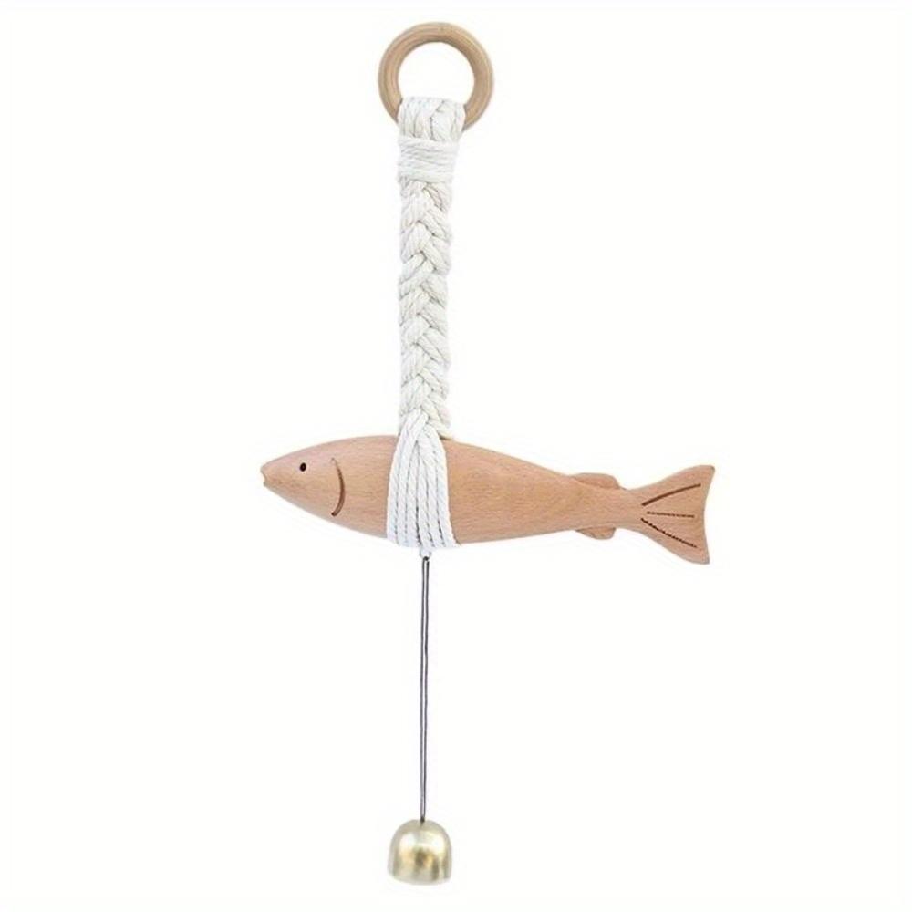 1Pc Marine Beach Themed Wood Fish Sculpture with Bell Handcrafted Fish Door Chimes Rustic Hand Carved Fish Wall Hanging Decor