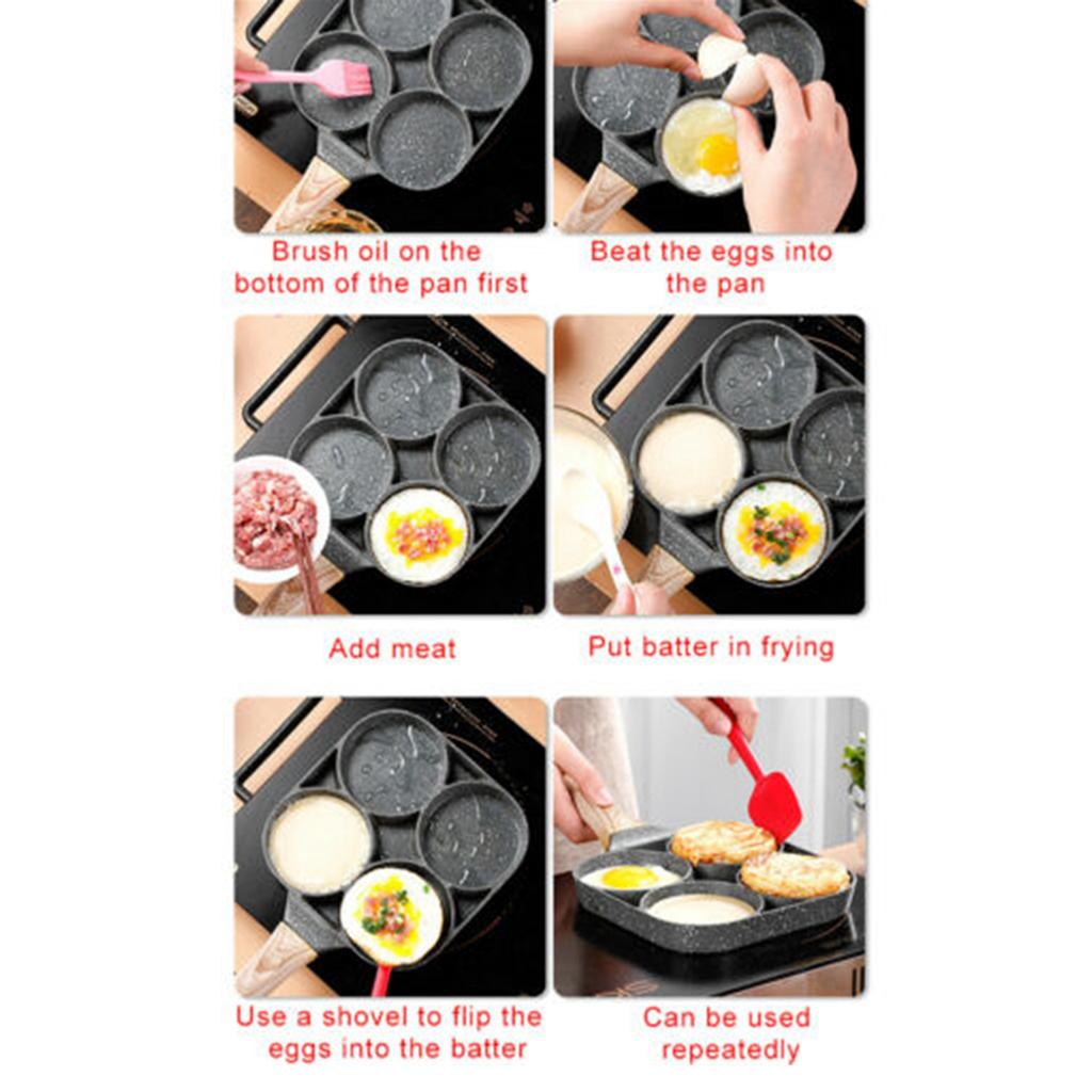 4‑Hole Egg Frying Pot Pancake Pan with Wood Handle for Induction Cooker Kitchen Accessory