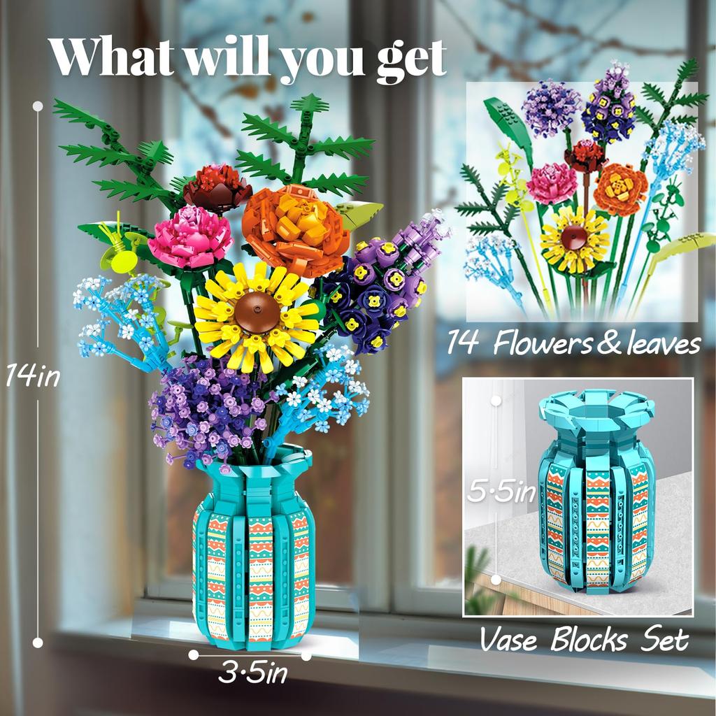 Flowers Bouquet Building Blocks Set With Vase Sunflower Rose Model Bricks Creative Home Decoration Kids DIY Toys Holiday Gifts