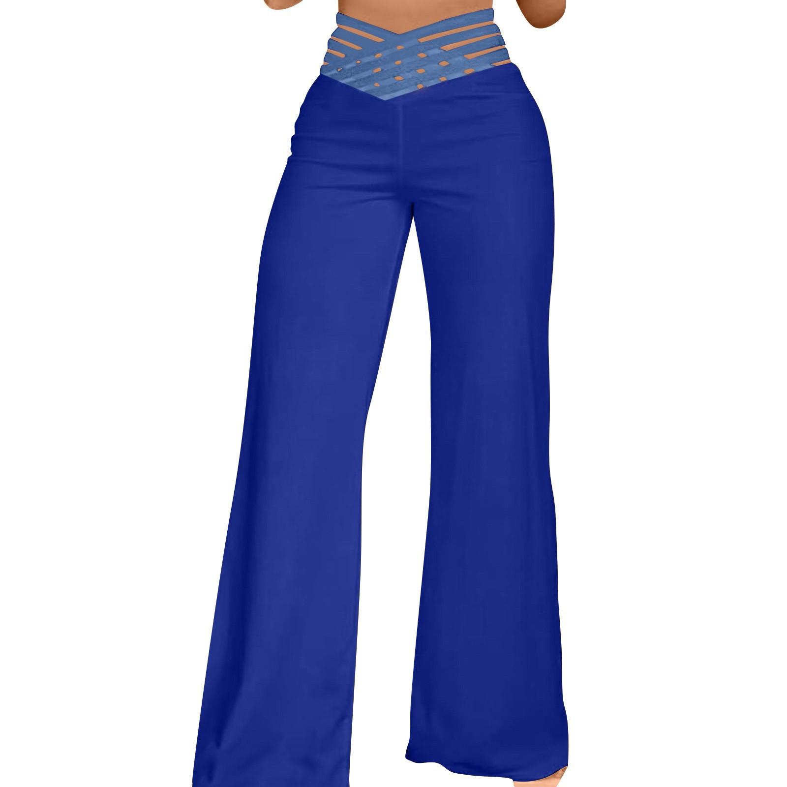 

Women s Hollow Belt Trousers Temperament Flared Trousers High Waist Casual Wide Leg Pants XL синий