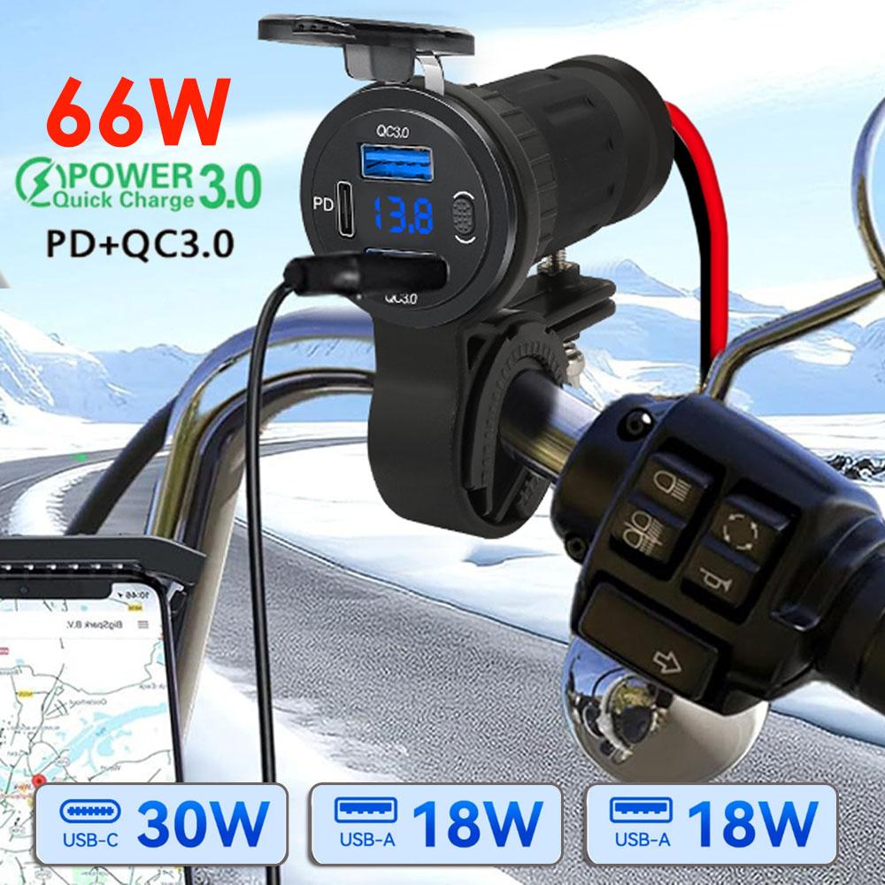 3 In 1 Digital Motorcycle Charger PD+QC3.0 Dual USB Fast Charging Power Socket USB Type-C Port Power Supply Adapter Waterproof