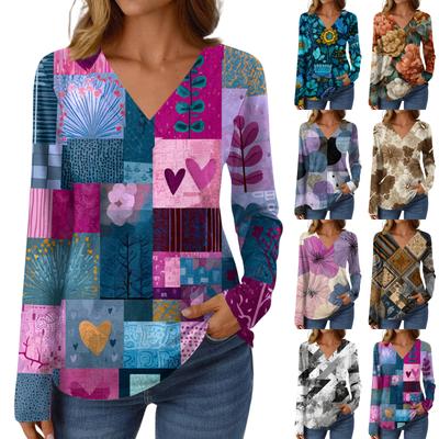 Damen Casual Mode Gebürstetes Retro Floral Print Langarm V-Ausschnitt Top T-Shirt