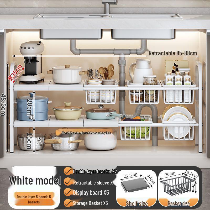 Retractable Under Sink Kitchen Organizer and Multifunctional Dish & Pot Rack