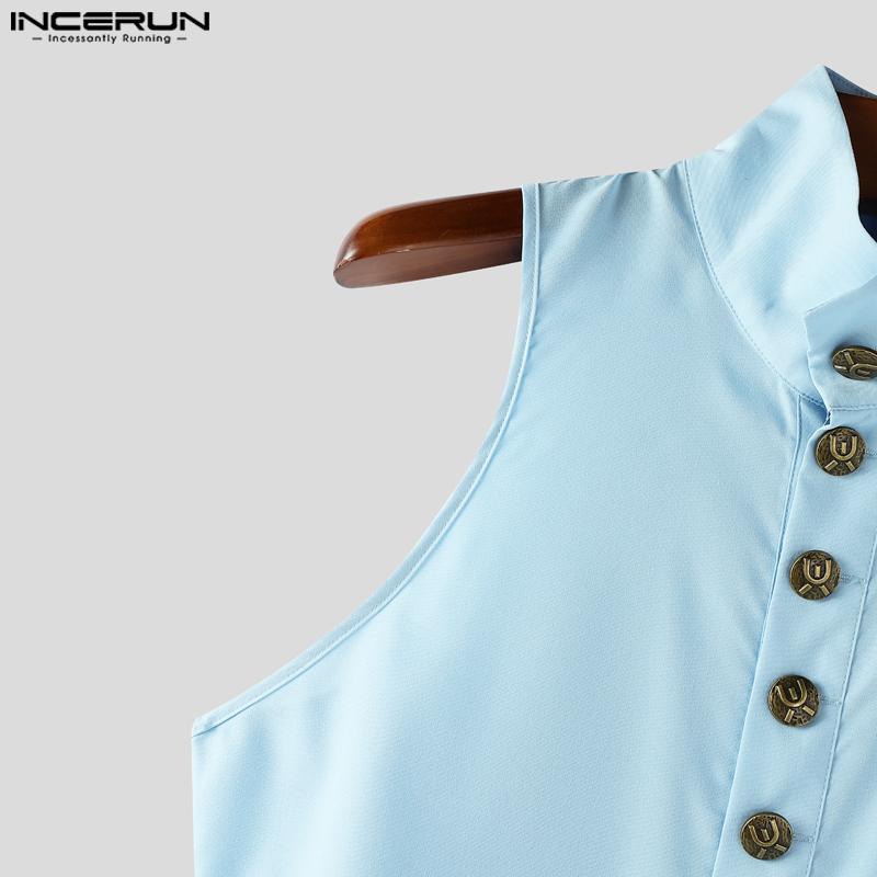 INCERUN Men Stand Neck Sleeveless Buttons Side Splits Irregular Tank Tops
