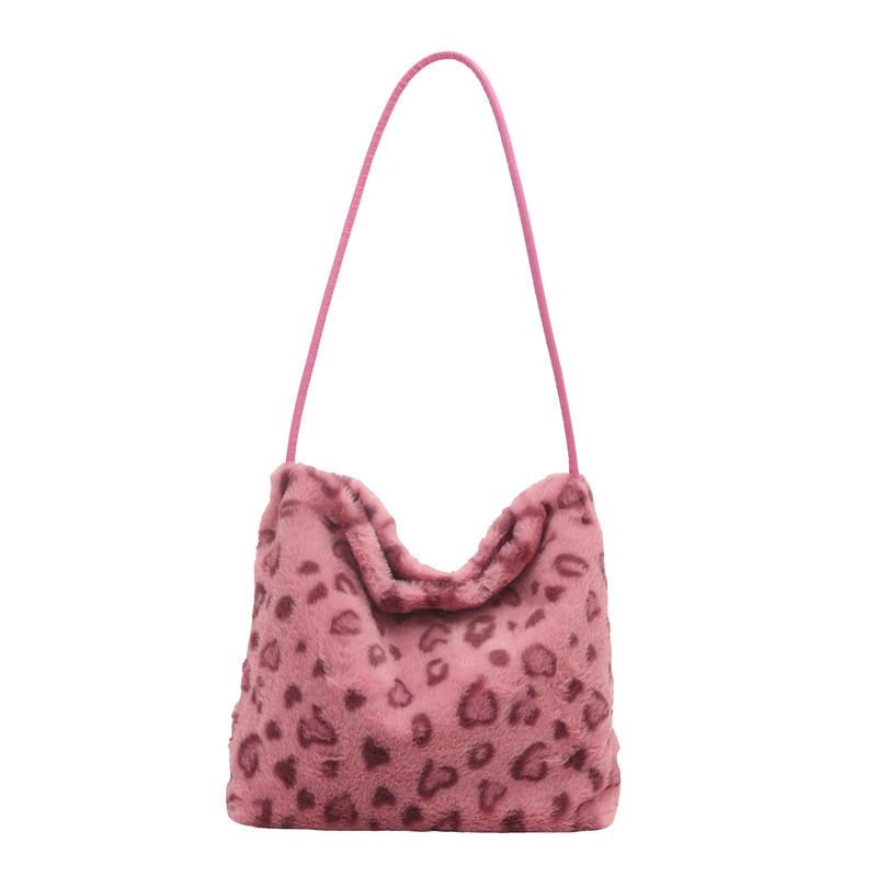 Chic Oversized Plush Leopard Print Tote Bag For Women In Brown White And Pink Perfect For Daily Outings