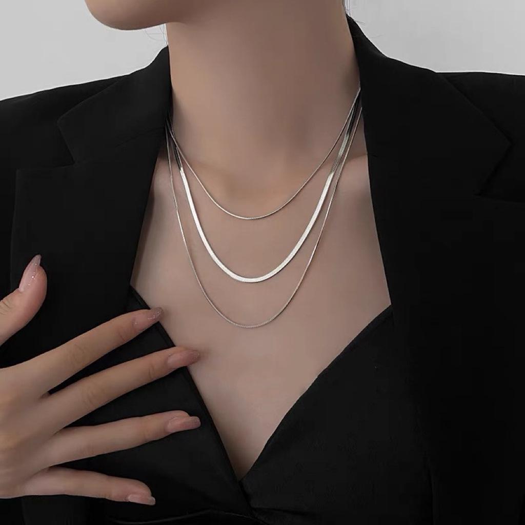 European-American Fashion Three-Layer Flat Snake Chain Layered Necklace for Women - Metal Cross Clavicle Chain