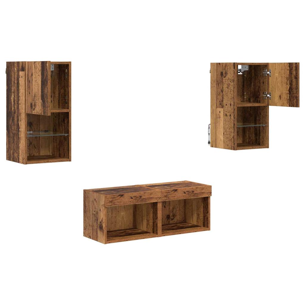 TV Wall Shelves with LED Light Strips 4 pcs Reclaimed Wood Effect Particleboard