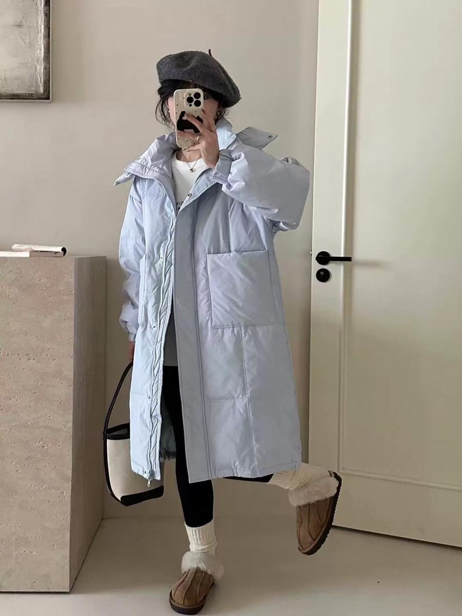 

Женское пуховое хлопковое пальто с длинным рукавом, зимнее, в корейском стиле, повседневное, толстое, длиной ниже колена XL синий