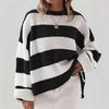 2KWEIRD Rundhals Langarm Gestreifter Pullover für Damen Mode Glockenärmel Locker Gestrickte Pullover Y2k Preppy-Stil