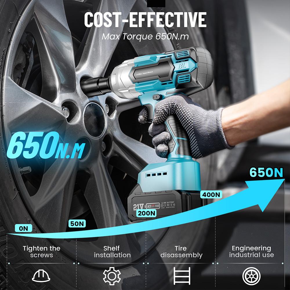 Seesii Cordless Impact Wrench 650N.m Torque Brushless Electric Wrench Power Tools with Sockets for Car Tire Disassembly Home DIY