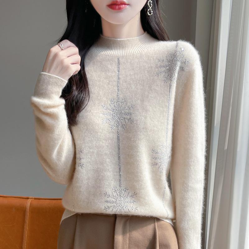Women Loose Half High Collar Long Sleeve Rhinestone Knit Pullover Sweater