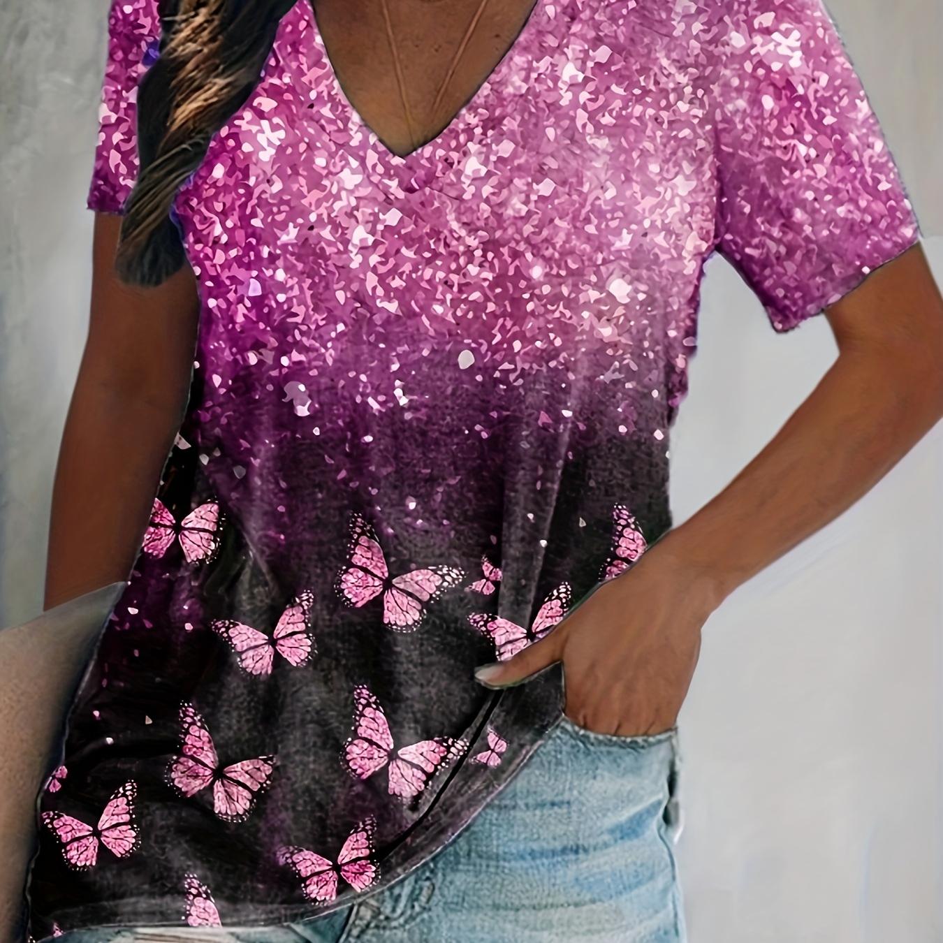 

Футболка большого размера для женщин, повседневная, с цветным 3D-принтом «Бабочка» и коротким рукавом, с V-образным вырезом — мягкие эластичные летние футболки 5XL