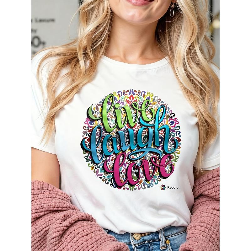 Women Live Laugh Love Floral Print T-Shirt 2025 Summer Short Sleeve 180G Vibrant Retro Abstract Art Top
