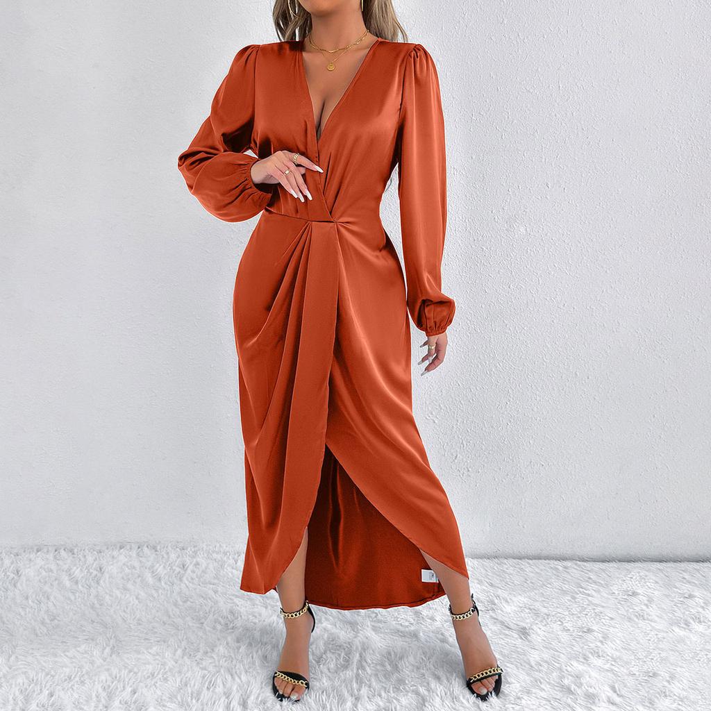 Damen Rostorange Satin V-Ausschnitt Puffärmel Wickel verdrehte Taille Schlitz Midi-Kleid