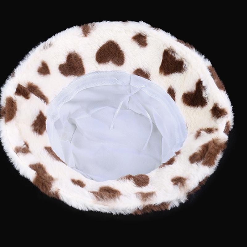 Warm Plush Bucket Caps with Heart Pattern Fashion Winter Autumn Casual Wear Fisherman Hat for Women Girl Outdoor Activity
