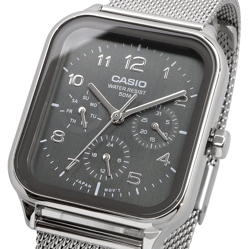 Casio Standard Round Rectangle Multi-Function Analog Men's Watch 24-Hour Display Metal Mesh Band Gray