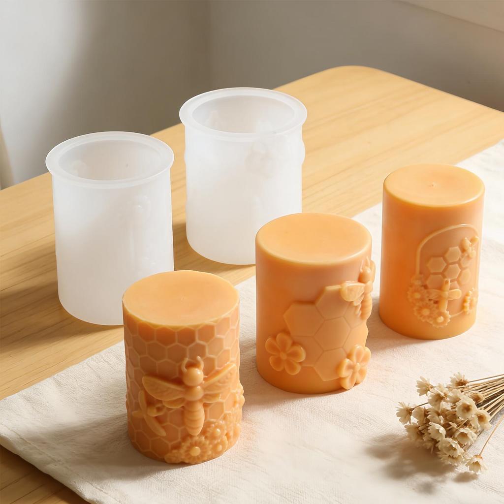 3D Honeycombs Pillar Candle Silicone Mold DIY Embossed Bee And Flower Honeycombs Cylinder Aromatherapy Candle Plaster Mold Decor