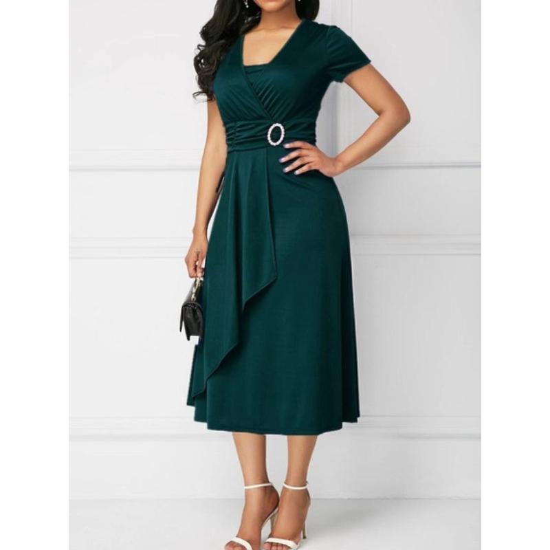 Women's Elegant Short Sleeve Dress Oversized V Neck Asymmetric Hem Waist Tight Midi Party Dress Ladies Evening Vestidos 5XL