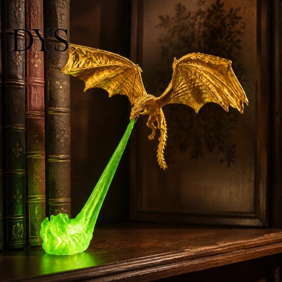 Desktop Ornament for Collectors 3D Printed Fire-Breathing Fantasy Dragon Shelf Decor, Flying Nook Bookshelf Light, Black Design Mythical Creature with