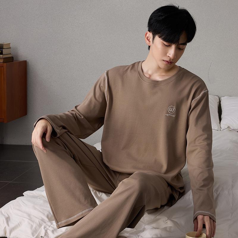 Men's 100% Pure Cotton Pajamas - Long Sleeve & Pants, Solid Color, Loose Fit, Two-Piece Set for Spring & Autumn Homewear.