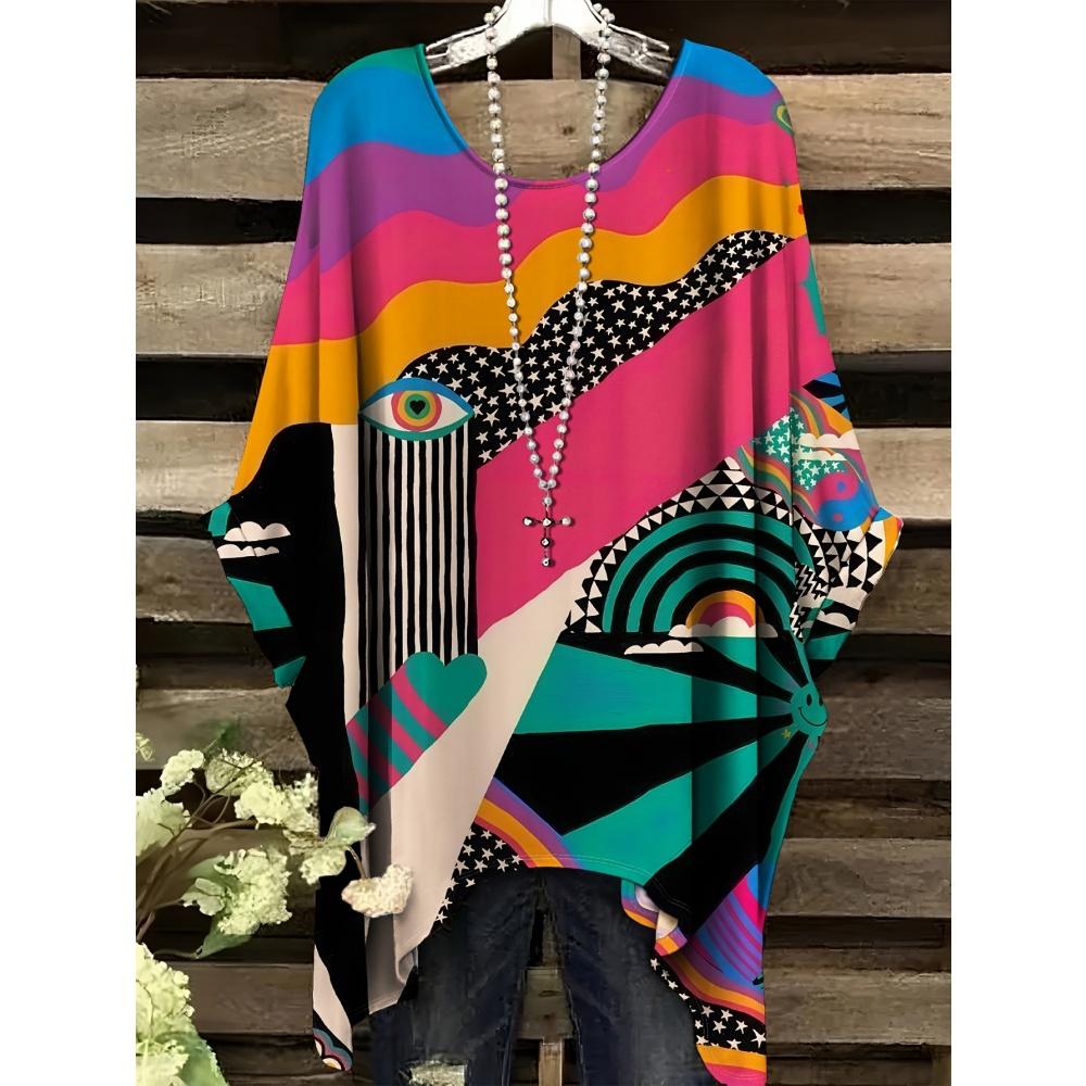 Women's Stripe 3D Print Gradient T-Shirt Casual Fashion Vacation Tops Female Irregular Hem O-Neck Short Sleeve Women's Clothes