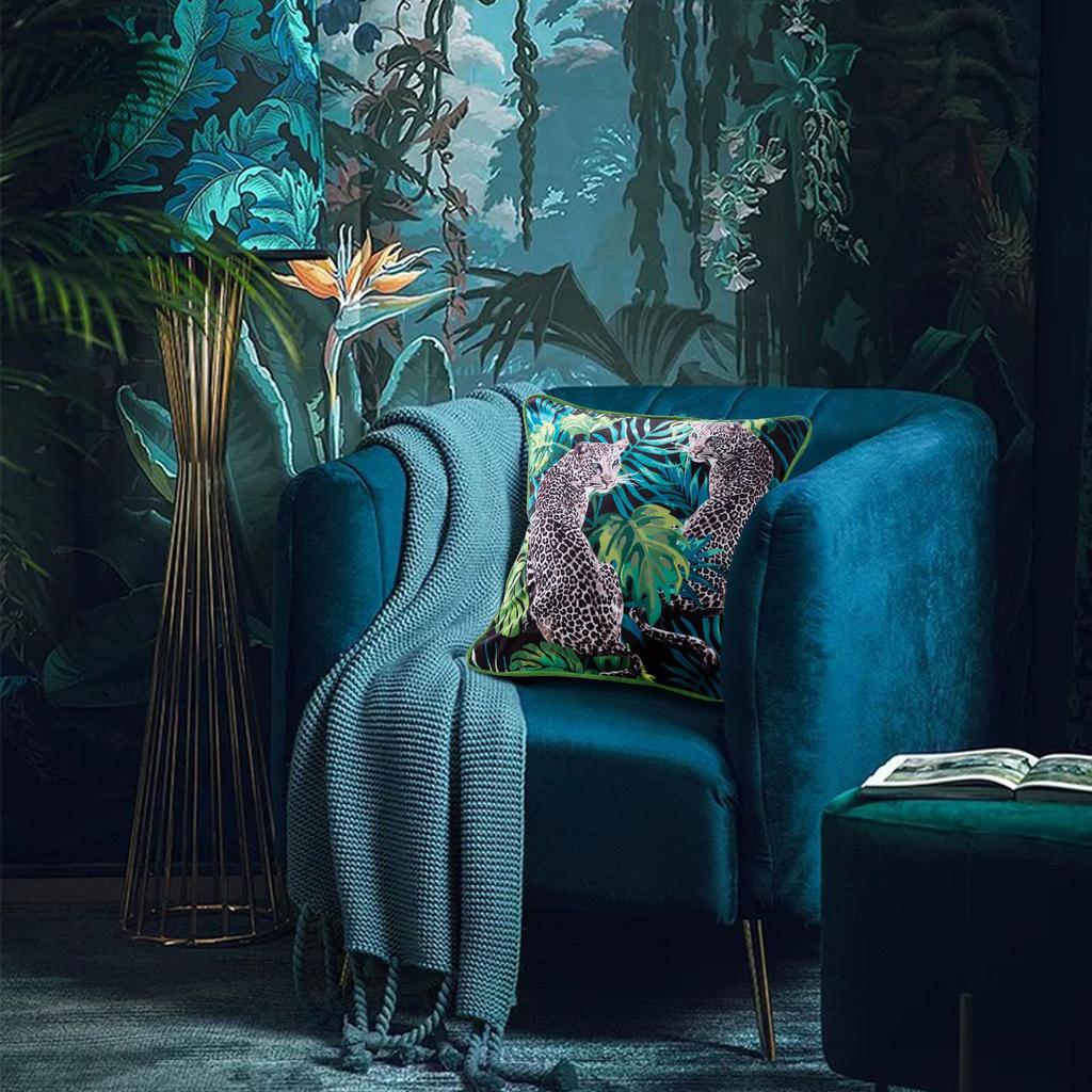 Cushion Cover with Tropical Plants and Palm Leaves Design, Velvet Cushion Cover with Tassels, Animal Pattern, Leopard, Bird, Gre