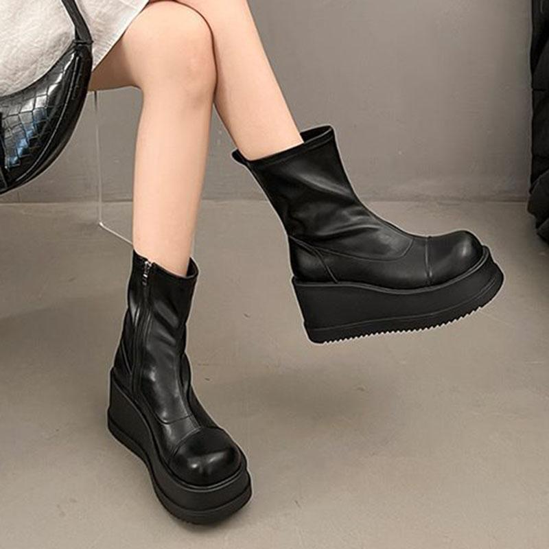 Fashion Women's Platform Ankle Boots Round Head Female Autumn Gothic High Heels Women's Short Boots Wedges Side Zipper Botines De Mujer