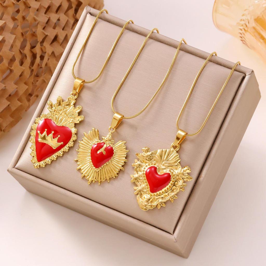 Red Heart Drip Oil Titanium Steel Pendant Necklace - Stainless Steel Sacred Heart Neck Chain