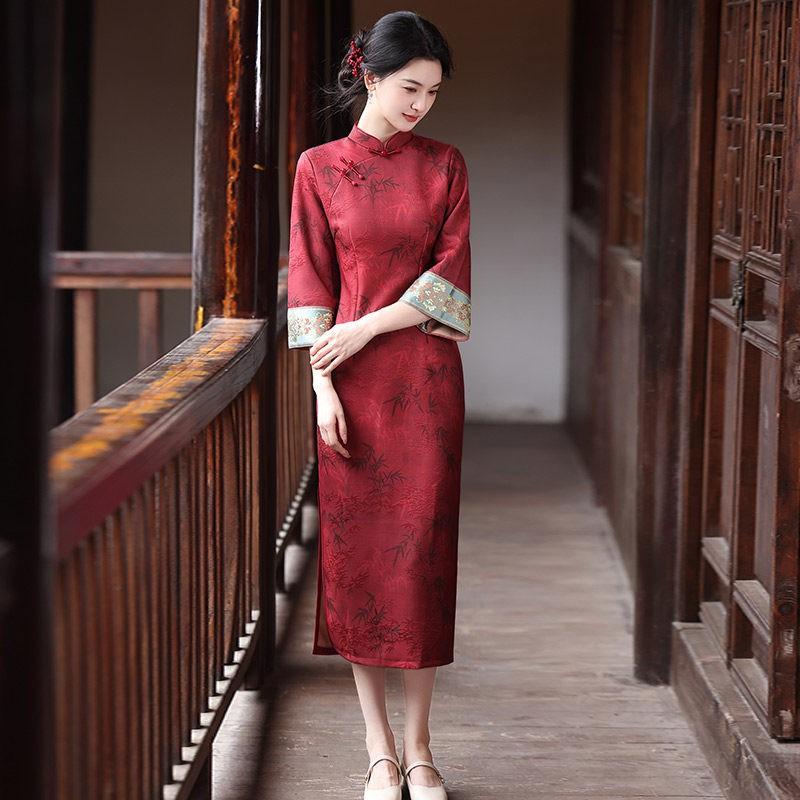 Womens Modern Chinese-Inspired Long Sleeve Cheongsam Dress 2026 Retro Elegant Midi Gown With Stand Collar Small