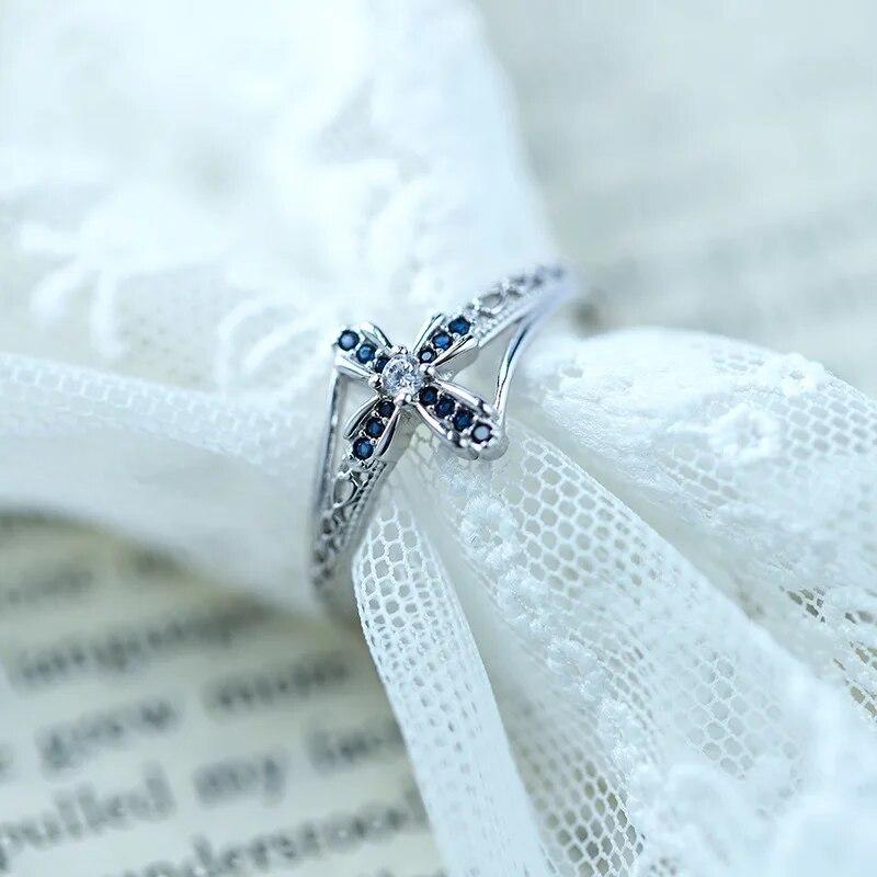 Creative Double Openwork Cross Sapphire Couple Ring for Women S925 Sterling Silver Anniversary Gift Jewelry Sterling Silver Rings for Women