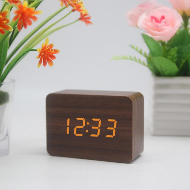 Retro Square Wooden LED Digital Student Alarm Clock Temperature Night Light Display Clock Fashion Wooden Home Decoration Clock