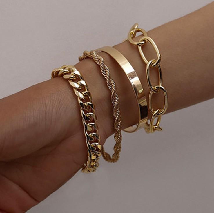 

4-piece Alloy Bracelet Female Personality Hip-hop Cuban Bracelet Zircon Punk Metal Mix And Match Twist Chain Zircon Kajdanki золотой