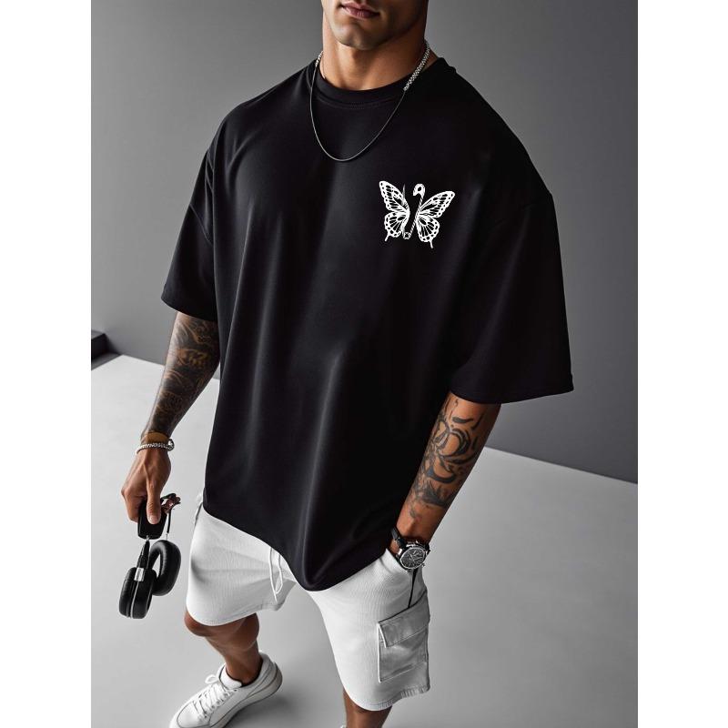 European Size Butterfly Pattern Short-Sleeve T-Shirt, Showcasing American Fashion. This Printed Base Layer Is an Oversized, Loose-fit Casual Top