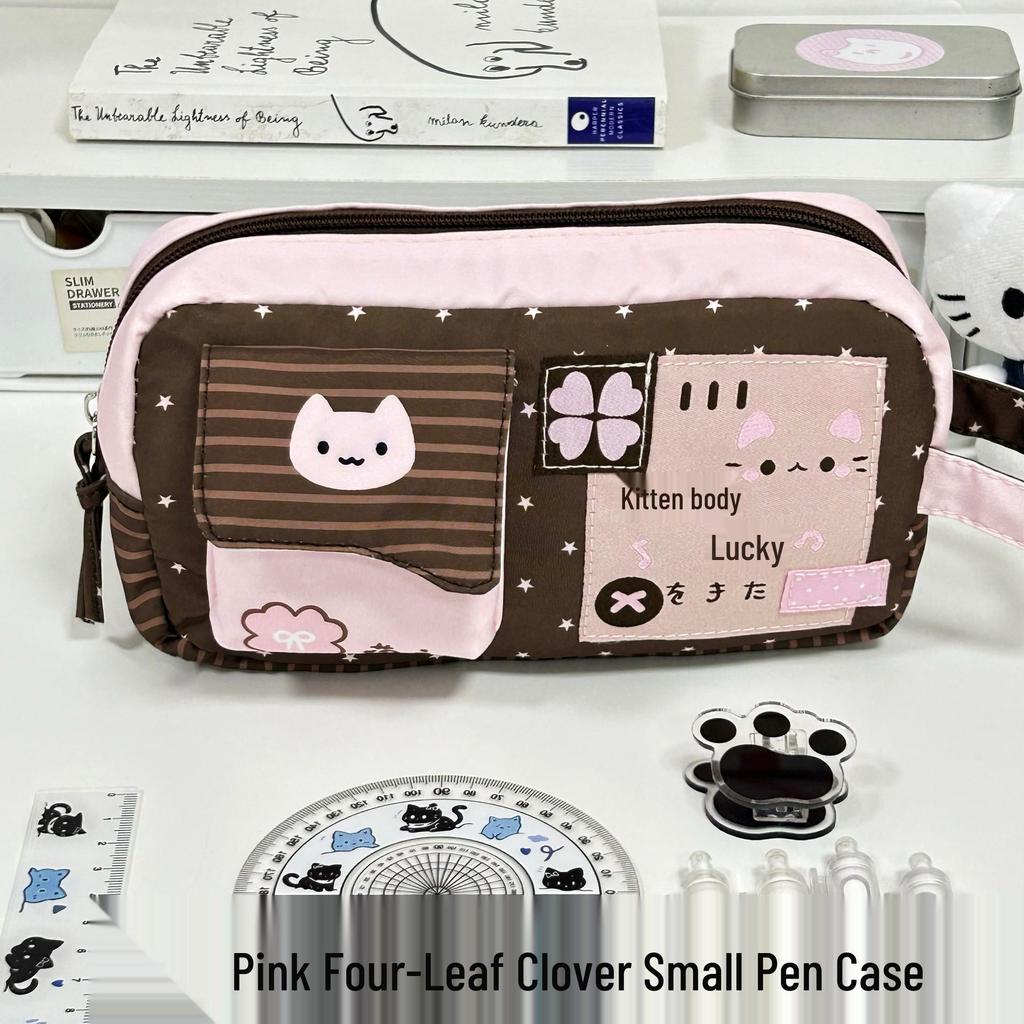 Pink & White Cartoon Kitten Pencil Case - Large Capacity for Girls, Trendy & Cute Stationery Bag for Students