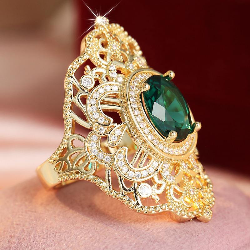 Dazzling Inlaid White Green CZ Hollow Women's Ring Vintage Gold Color Hand Carving Daily Wear Party Jewelry Anniversary Gift
