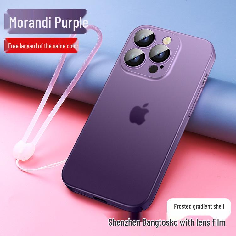 iPhone 15 Gradient Frosted Skin-Feel Full-Cover PC Hard Shell Case with Lanyard - Apple 14 Anti-Fall Protective Cover.