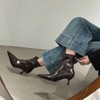 Spring Women's Pointed Toe High-heeled Short Boots with Stiletto Heelsoptional Fleece Lining Medium-heeled Fashion Women's Boots