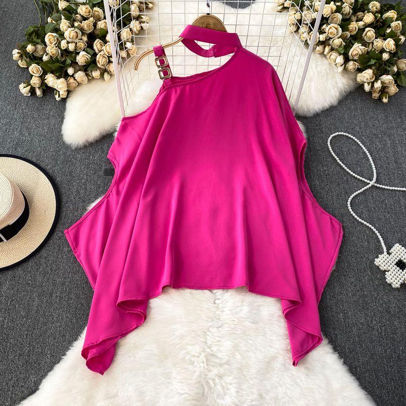 

off-Shoulder Batwing Sleeve Single-Side Shirt Casual Tops Halterneck Rose Red All yards
