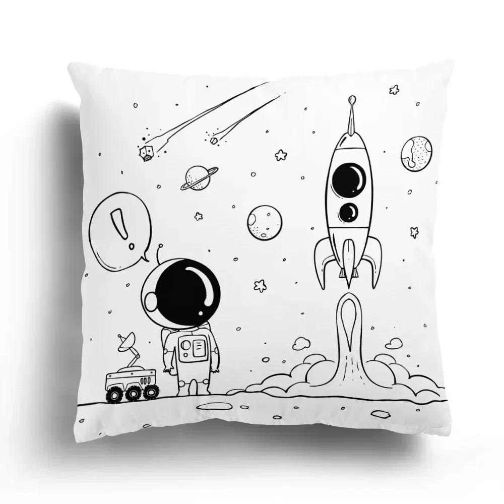 Fashion Black and White Sky Cartoon Astronaut Home Sofa Cushion Cover Cartoon Pattern Room Bedroom Pillowcase Decoration