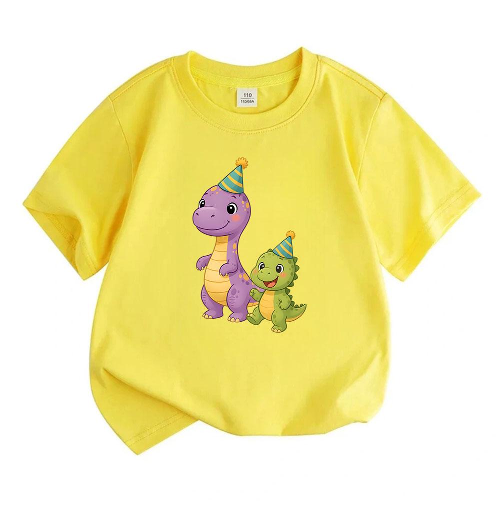 Cute Kids Boys Girls 100% Cotton Crew Neck Short Sleeve T-Shirt, Adorable Cartoon Dinosaur with Party Hats Print Casual Lightweight Tee for Children D