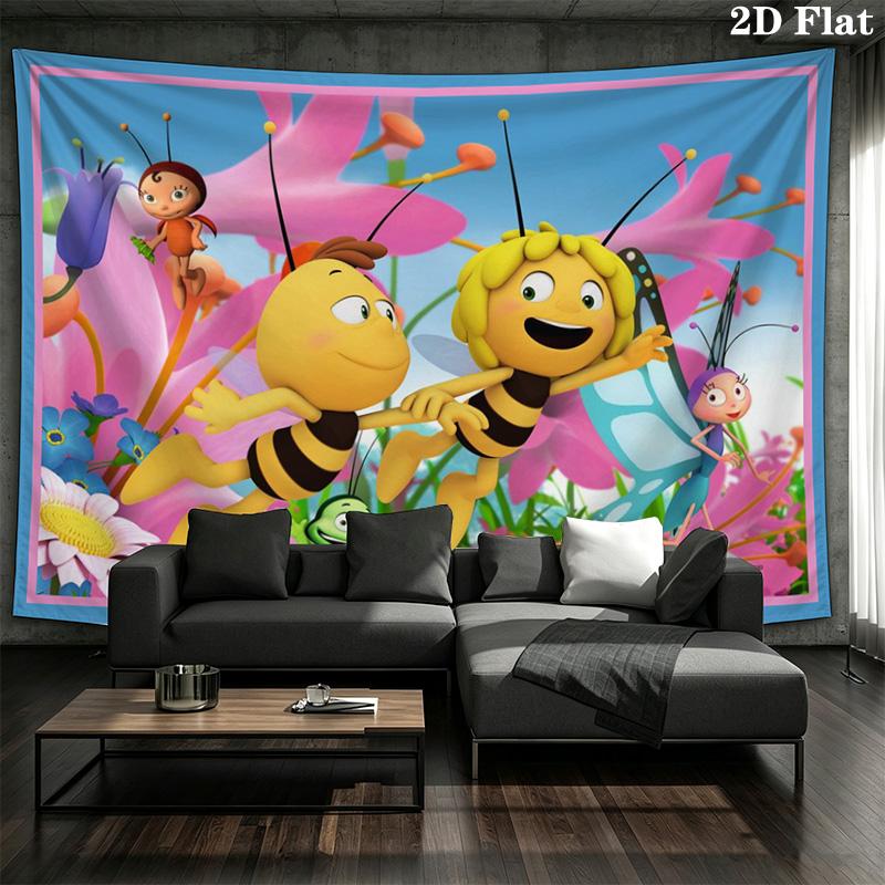 Maya the Bee Tapestry, Cartoon La Abeja Maya & Friends Honeycomb Print Wall Hanging for Kids Bedroom Home Decor