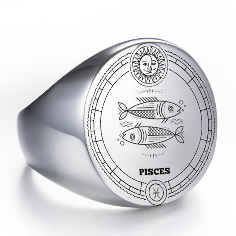 22mm Round Stainless Steel Zodiac Sign Men Ring Retro Fashion Index Finger Ring for Men
