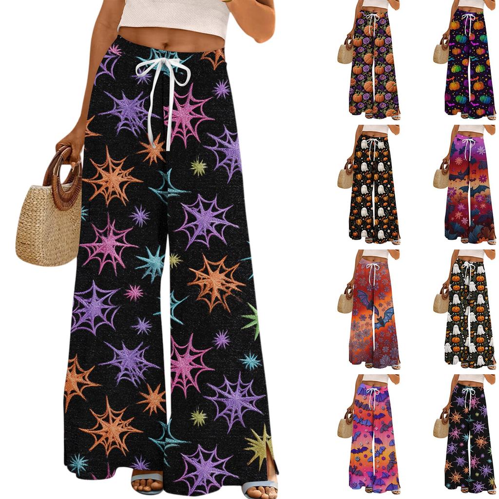 Ladies' Loose And Casual Halloween Printed Wide Leg Pants With Elastic Waistband Drawstring And Pocket Pants