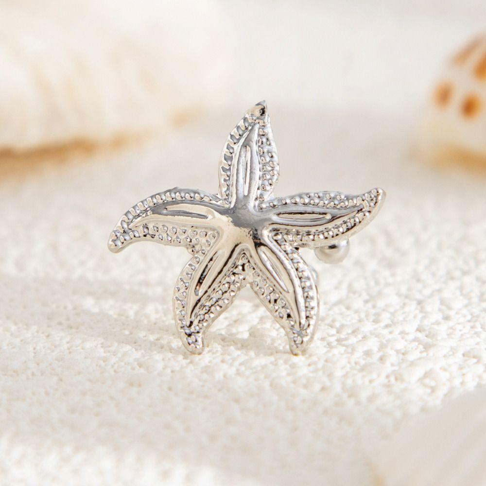 Silver C-shaped Ear Clip Golded Starfish Shell Ring Clip Simple No Piercing Earrings Women