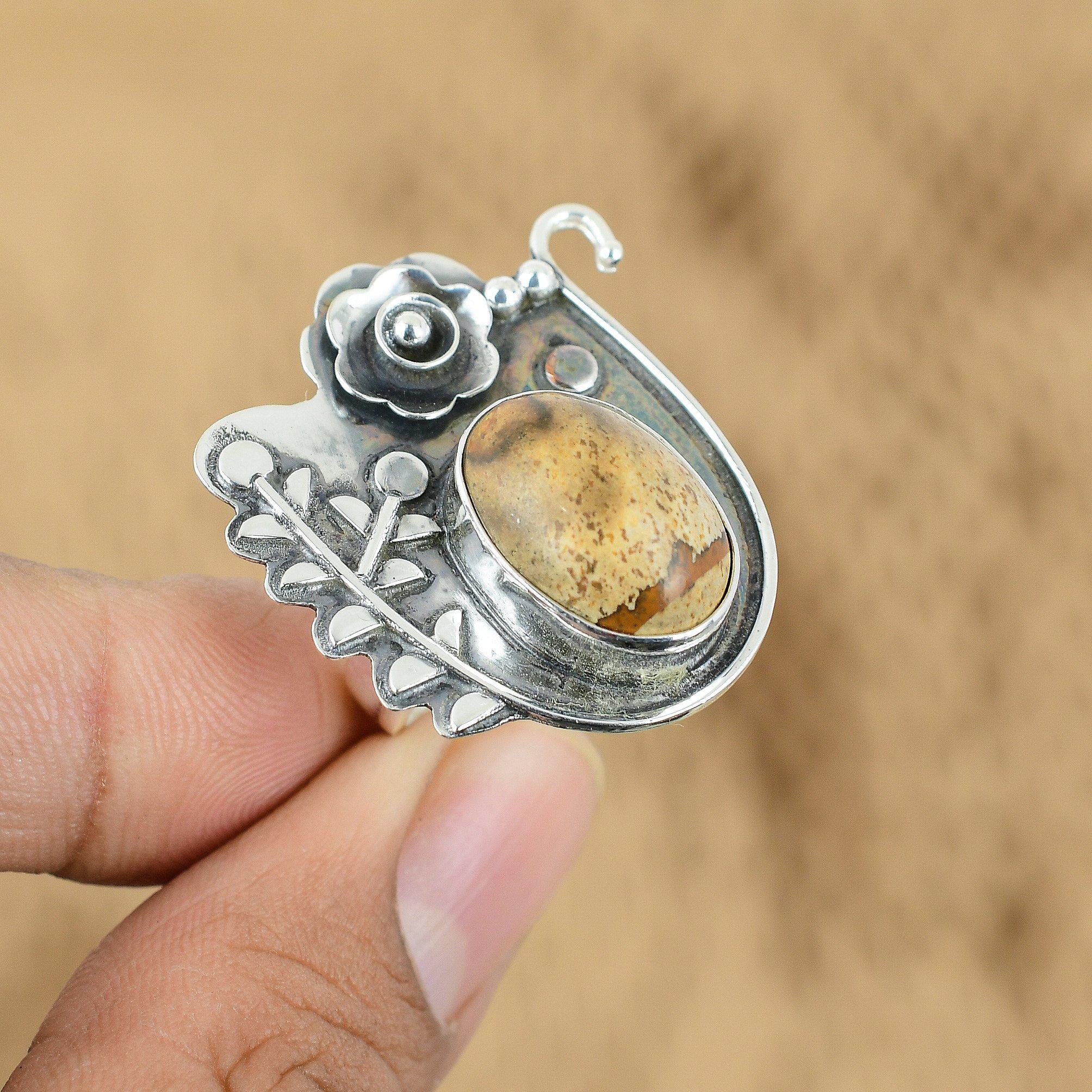 

Gift For Her 925 Silver Natural Picture Jasper Promise Flower Adjustable Ring Yes